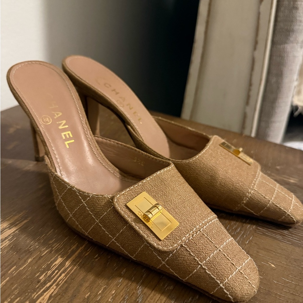 Chanel Brown Mules with Gold Accent